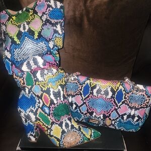 Multi-Colored Python Print Ruched Knee High Boots